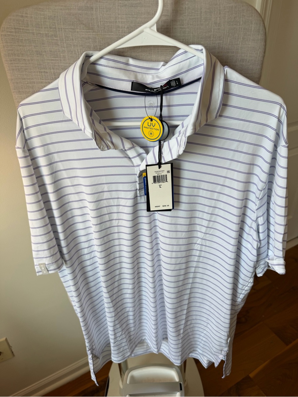 RLX Ralph Lauren White Polo with Lavender Stripes